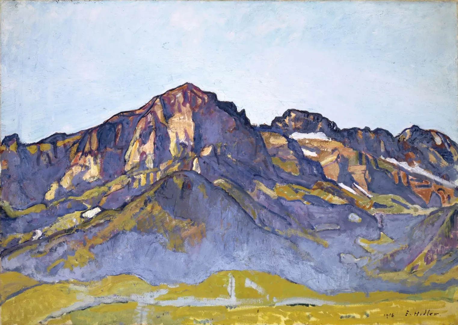Painting of jagged purple mountain peaks above yellow and blue foothills under a pale sky.