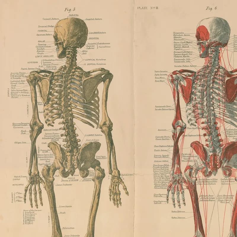Anatomical plate showing a labeled posterior skeleton on the left and a posterior muscular diagram with red-highlighted muscles on the right