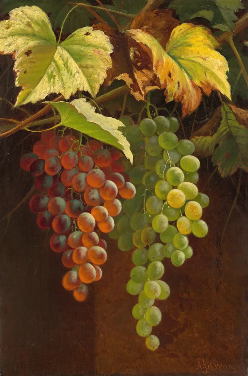 A painting of a bunch of grapes with leaves on a vine.