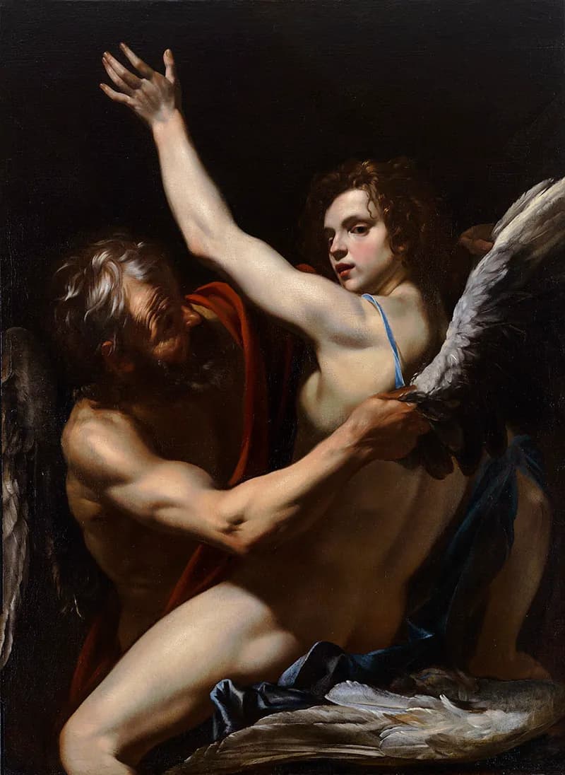 An old man is helping a young man wear a pair large bird wings. The old man has wings on his back, too.
