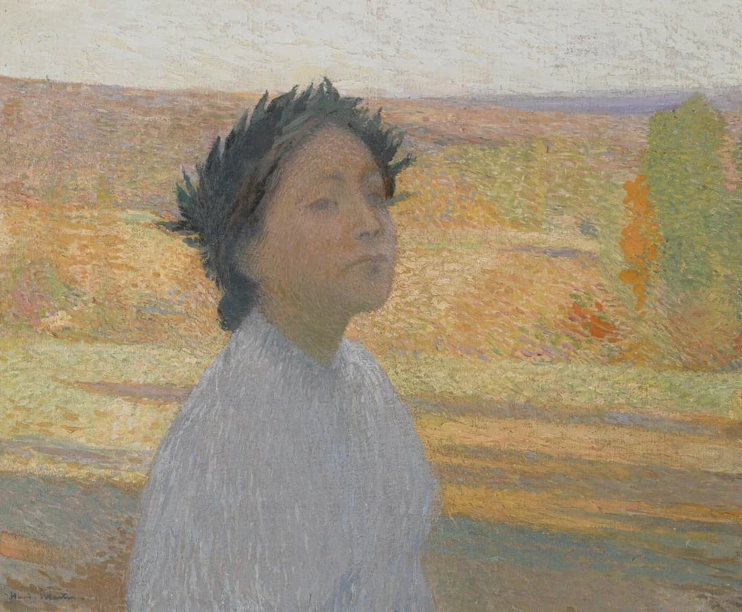 Painting of a young woman with a laurel wreath and a white blouse. She lifts her face toward the light, in front of sunlit autumn fields.