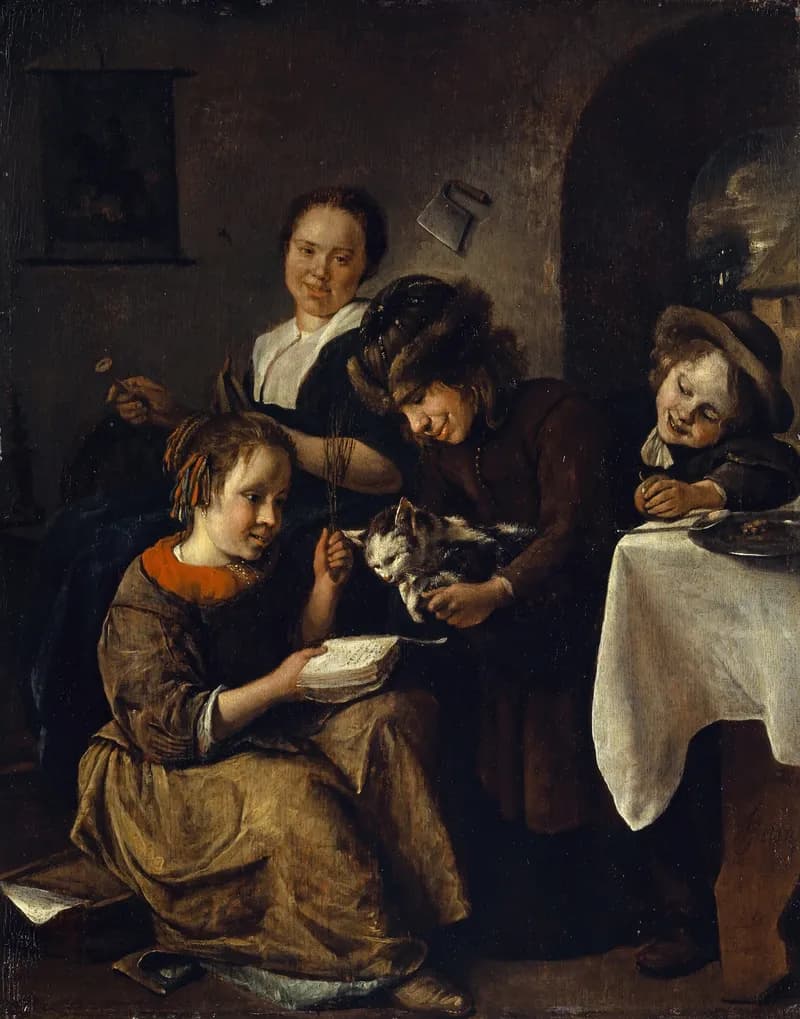 Classical painting depicting children teaching a cat to read from a book, illustrating the whimsical concept of instruction and learning