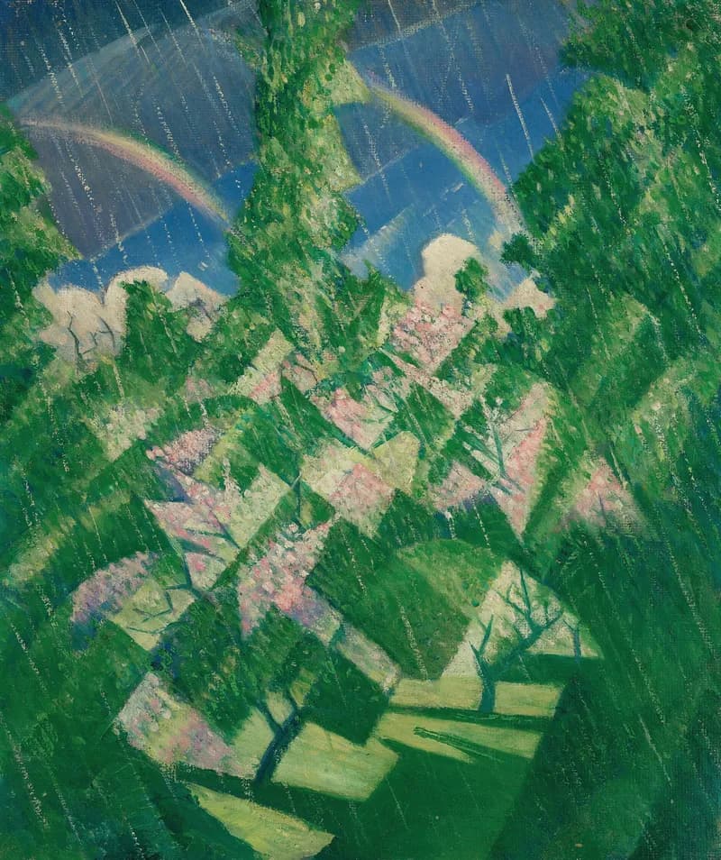 A modernist painting of a lush green garden in the rain with a rainbow arching across a cloudy sky