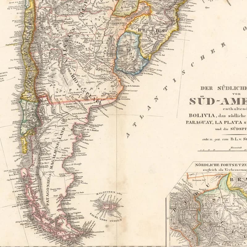 1831 German map of southern South America showing political boundaries of Chile, Paraguay, La Plata, and southern Bolivia with the Andes mountain range along the western coast