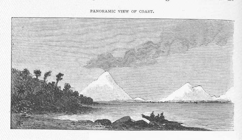 Panoramic engraving of the Chilean coast showing the snow-capped cone of Volcano Osorno rising above a forested shoreline, with a small boat on the water