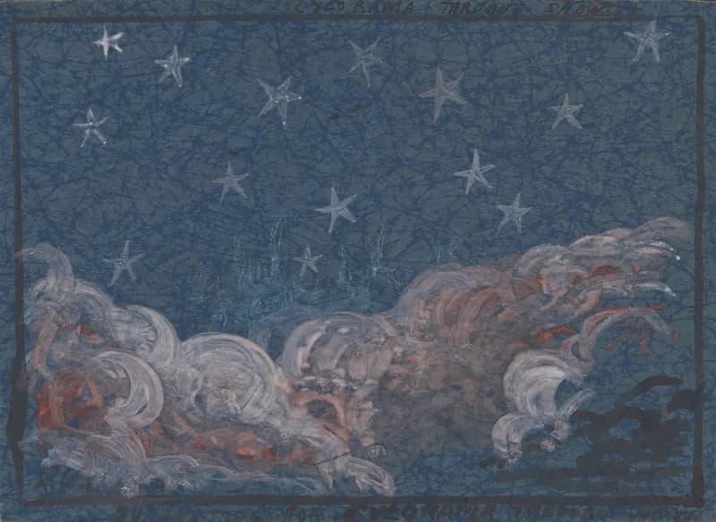 Painted stage sketch of a dark blue night sky with white five-pointed stars over a band of swirling white, pink, and red clouds. A fine web of dark lines covers the sky, and faint handwriting along the top and bottom edges reads "Cyclorama throughout show".