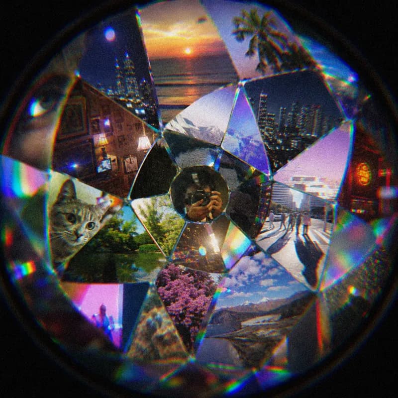 Kaleidoscope view assembling fragments of photos—a cat, a sunset skyline, a palm tree, snowy mountains, a lake, flowers, and a person holding a camera—into a circular mosaic edged with rainbow light streaks.