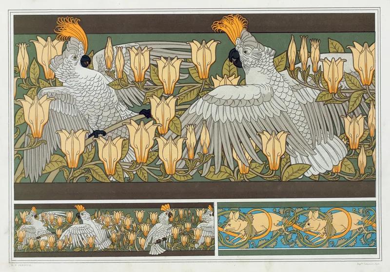Cacatoës et magnolia, bordure. Souris blanches. (1897), Maurice Pillard Verneuil