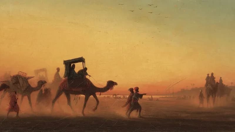 A painting of a group of people riding camels, clouds of sand hiding the people on the back and front.