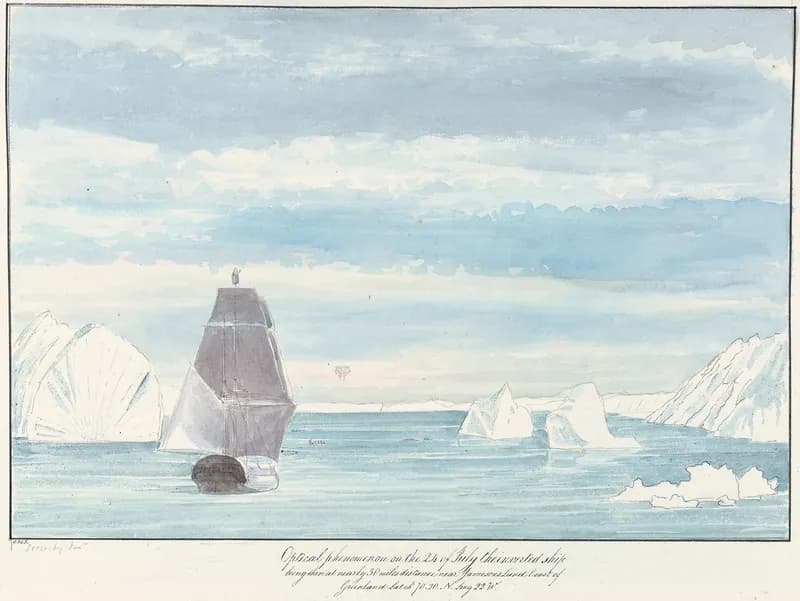 A watercolor painting of a ship in the ocean, surrounded by icebergs. A small ship seems to float above the horizon, upside down.