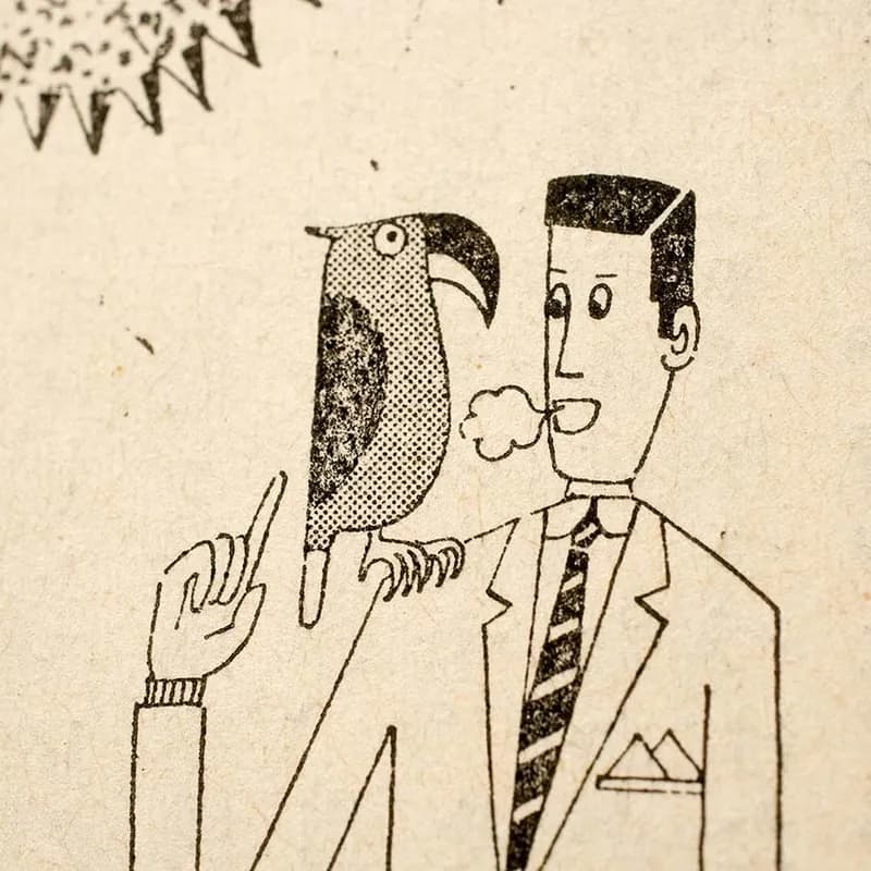 Cartoon drawing of a man speaking to a parrot perched on his shoulder.