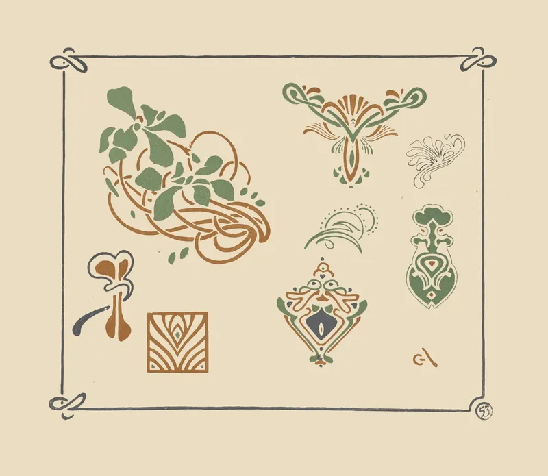 Several stylized logo-like shapes inspired by plants, George Auriol