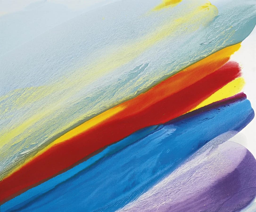 Abstract painting of broad diagonal bands of poured paint in pale blue, yellow, red, deep blue, and violet.