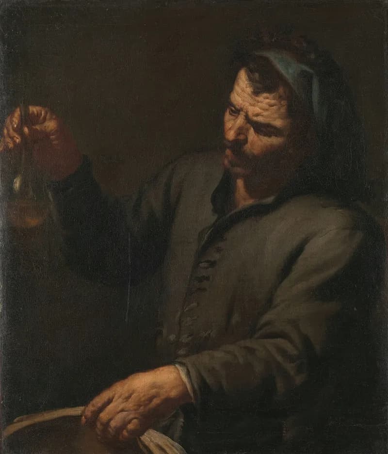 A painting of a man holding a glass in his hand.