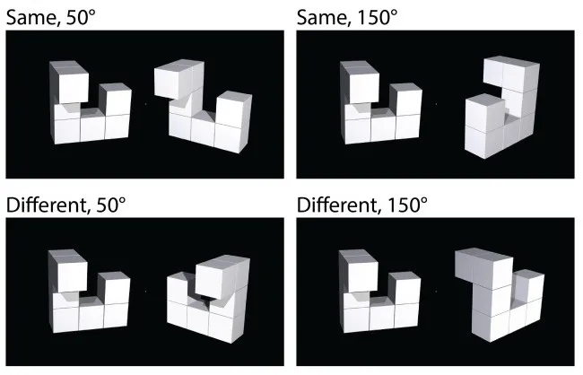 Four images, each containing a pair of 3D structures made of cubes, with different rotations.