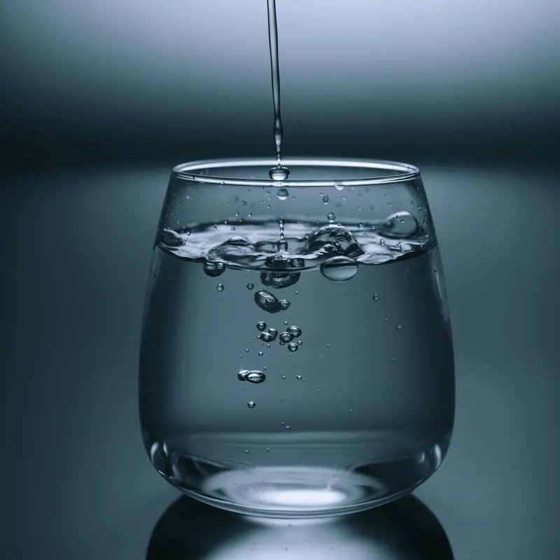Photograph of a round glass being filled by a thin stream of water.