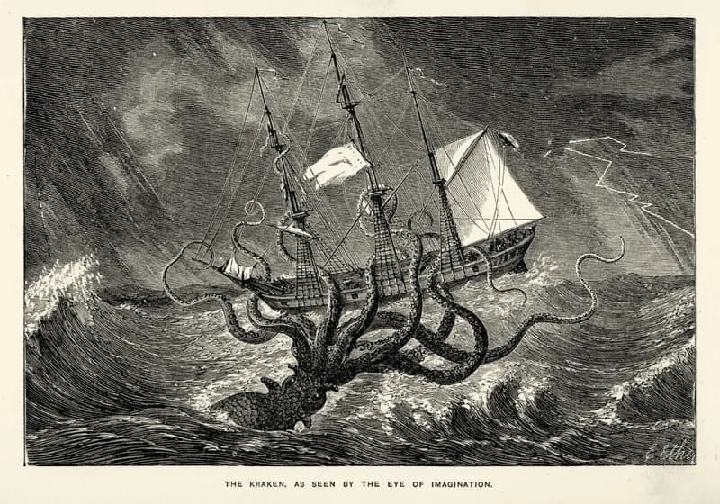 Imaginary view of a gigantic octopus seizing a ship.