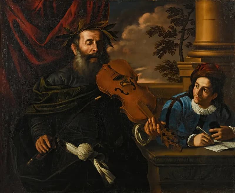 A bearded man in a laurel wreath plays a violin while a young assistant beside him writes notes