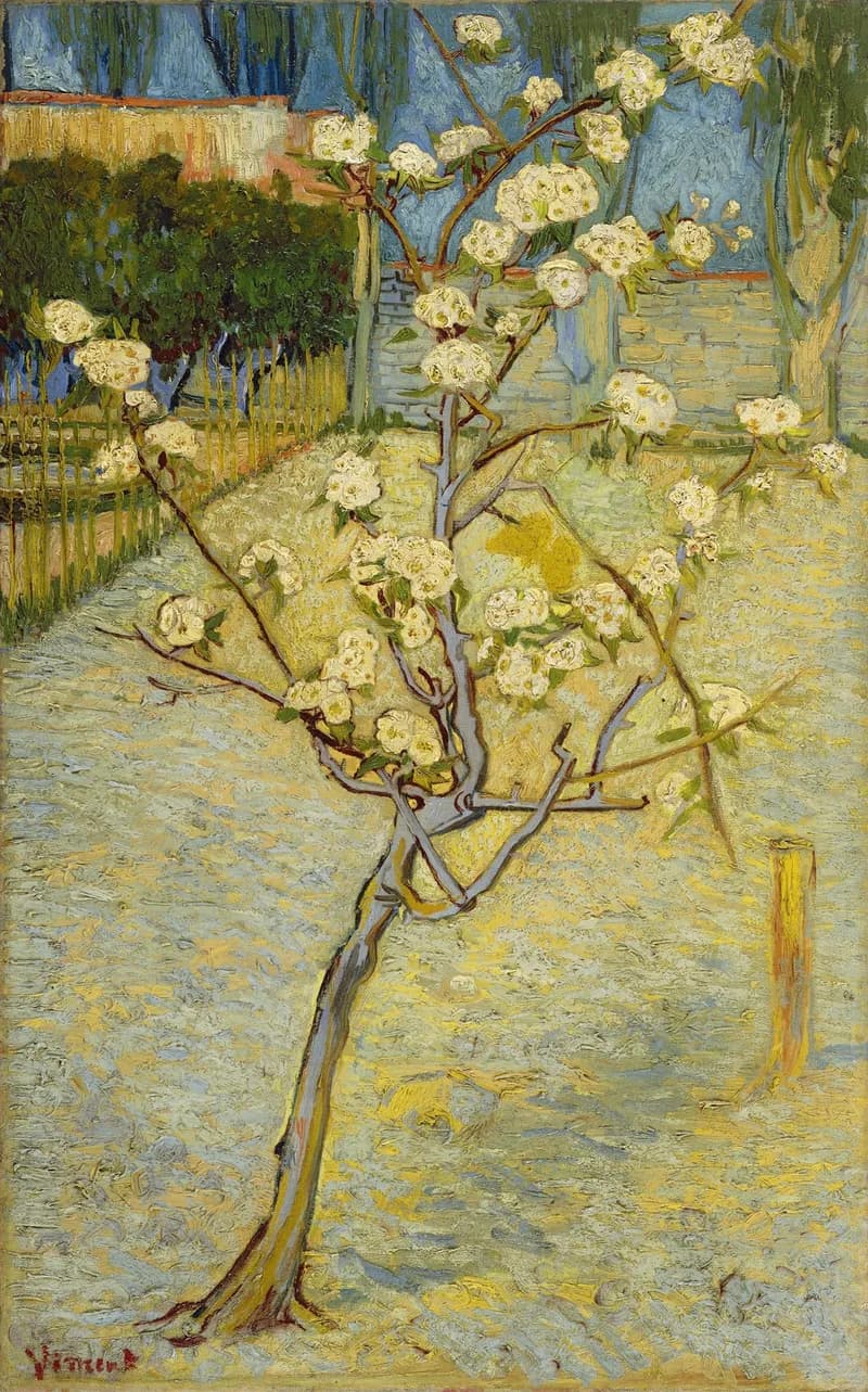 Painting of a small tree in flower.