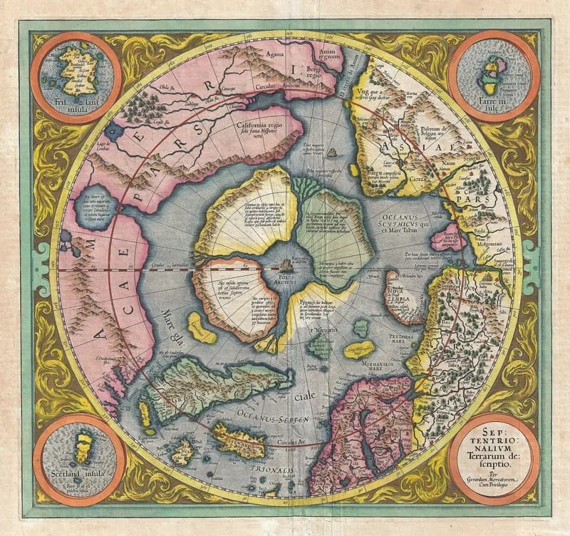 A colorful circular map of the north pole showing what looks like a rock or crag at the central pole, and four polar continents that together form a thick ring around it. The shapes and landmarks are extremely approximate.