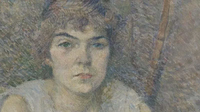 Close-up portrait of a young woman with reddish-brown hair gazing directly at the viewer with a contemplative expression, painted in soft, muted colors with loose brushwork and an abstract background of blues, greens, and earth tones