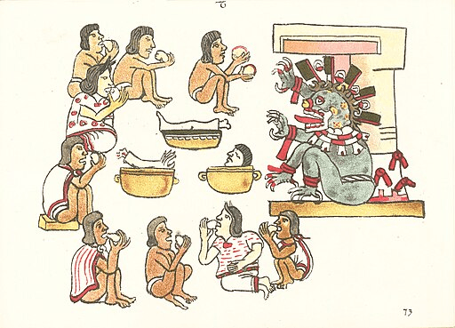 Aztec codex illustration depicting a human sacrifice ritual with people presenting bowls containing human body parts to an elaborately dressed deity seated on a platform