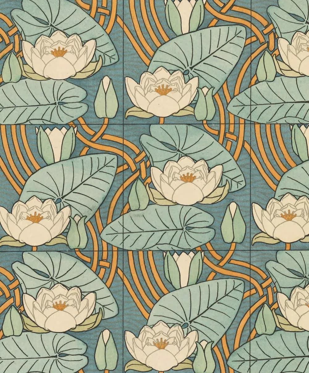 Art Nouveau pattern of white water lilies, buds, and pale green lily pads on blue water, crossed by curved orange bands.