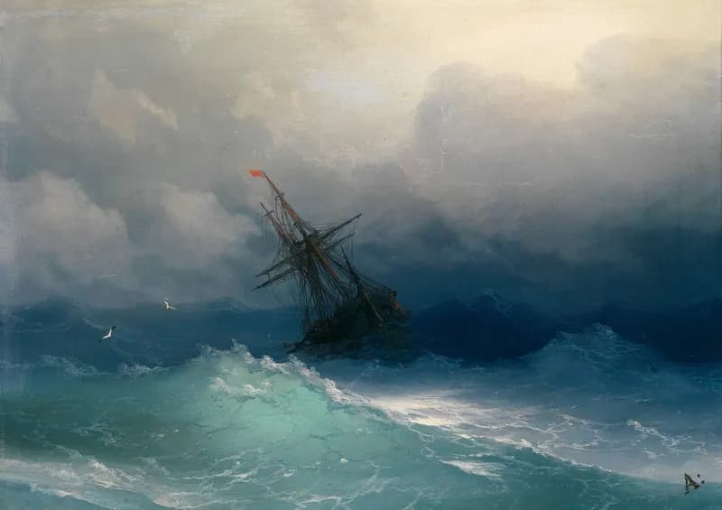 Painting of a wooden ship in very rough seas.