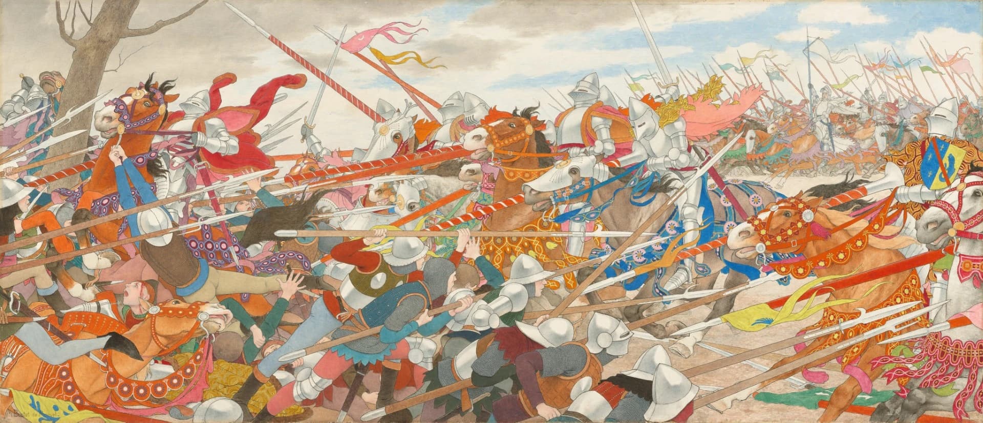 Painting of a medieval battle. Knights in silver armor on decorated horses charge with lances into a crowd of foot soldiers, who fall back or push against them with pikes.