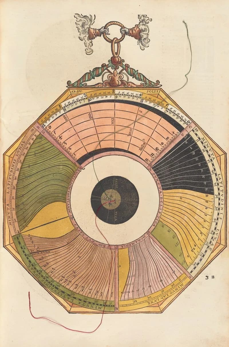A 16th-century drawing of a circular calendar with intricate curved lines of various colors radiating from an inner circle to the outer circumpherence.