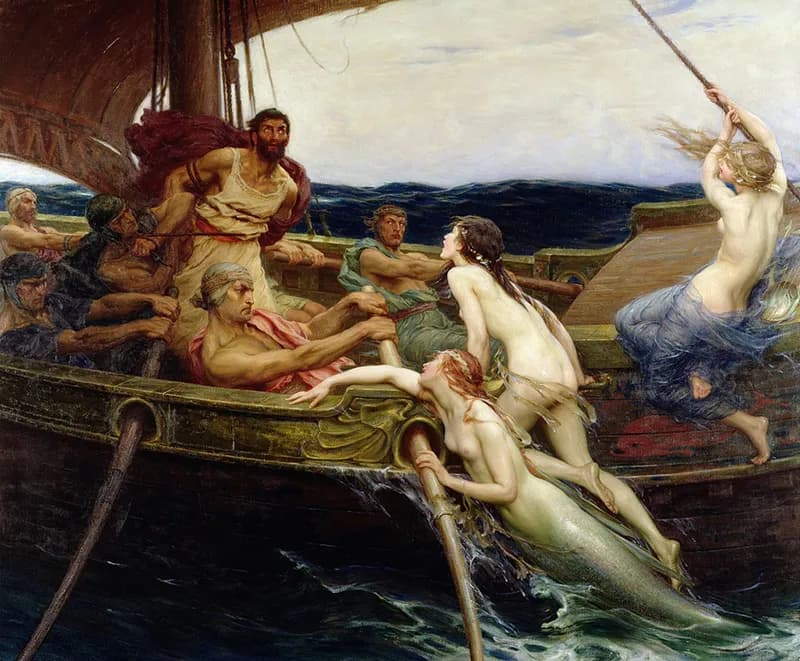 Painting showing Odysseus bound to the mast with a rapt expression as the sirens sing to him.