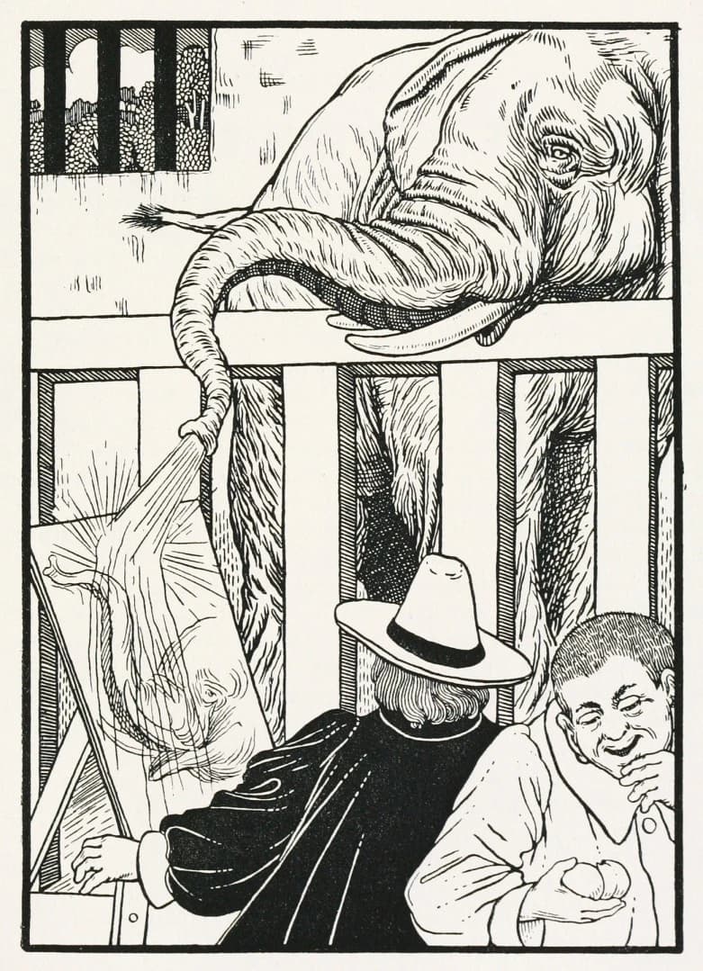 Pen-and-ink drawing of an elephant behind a wooden fence. It holds a brush in its trunk and paints a picture of an elephant on an easel. A man in a wide-brimmed hat watches, and a boy laughs next to him.
