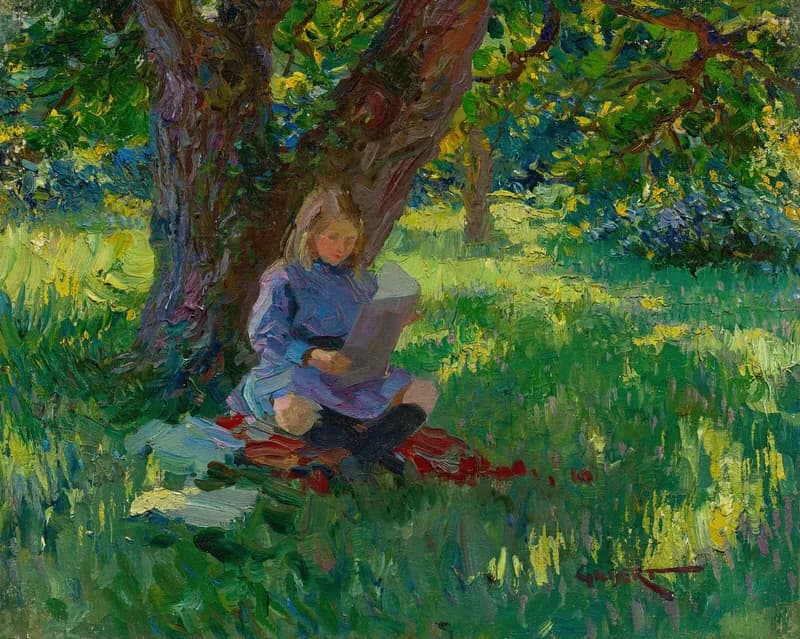 Impressionist oil painting of a young girl in a blue dress who sits on a red blanket under a large tree and reads a book. Bright sunlight falls on the long green grass and yellow flowers around her.
