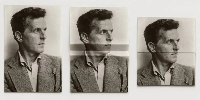 Three identical black-and-white portraits of Ludwig Wittgenstein side by side in a folding progression: flat, partially folded, and fully folded—although the fold seems to be hiding none of subject's face.