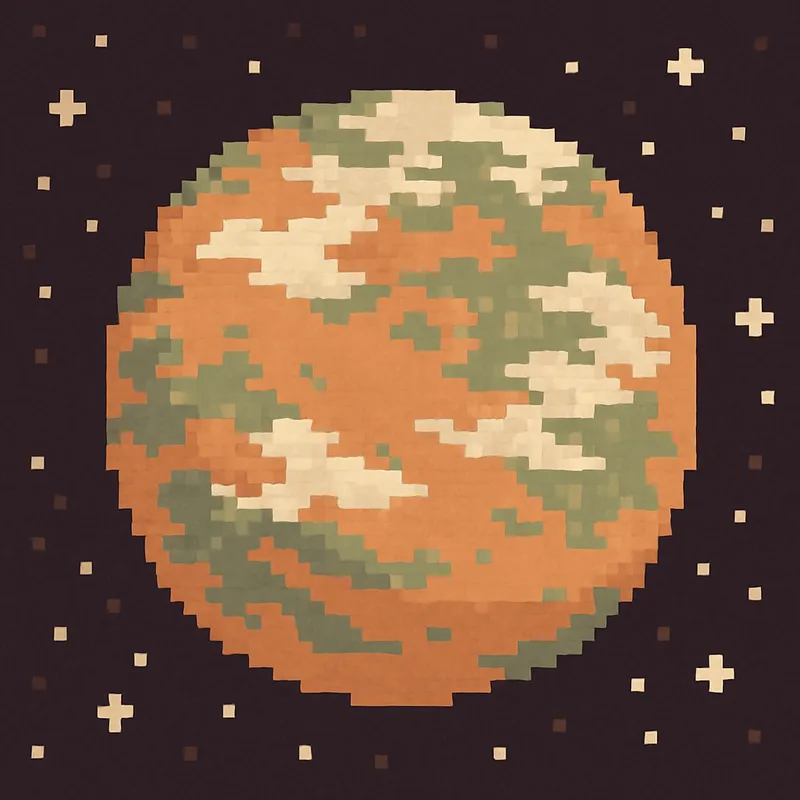 Pixel art style illustration of a planet against a dark starry background. The planet has a mottled surface with patches of orange, green, and cream/beige colors.