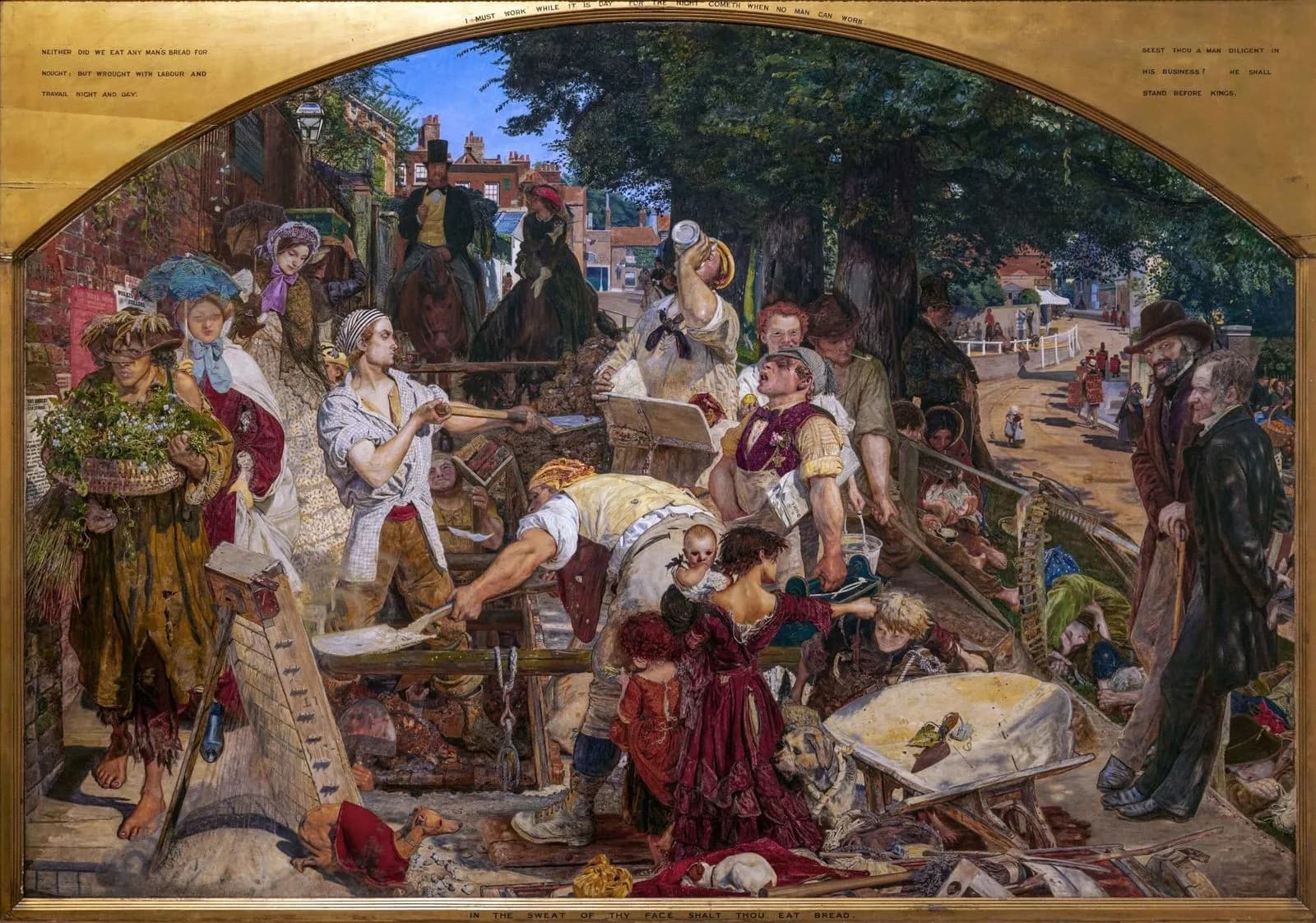 In this bustling Victorian street scene, muscular laborers dig up a road in bright sunlight at the center, while various social classes interact around them. In the foreground, orphaned children in tattered clothes play near the excavation, including a girl holding a baby. Several dogs mirror their owners' social status: a working dog, a pampered pet, and a mongrel. Well-dressed ladies with parasols pass by, one offering religious tracts to the workers, while a hunched plant seller lurks at the edge. Two intellectual figures observe from the right, and wealthy horse riders linger in the shadowed background, creating a complex portrait of Victorian social hierarchy.