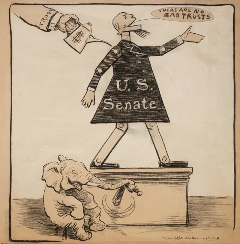 1903 cartoon in which the U.S. Senate is represented as a mechanical toy which says ‘There are no bad Trusts’ whenever played