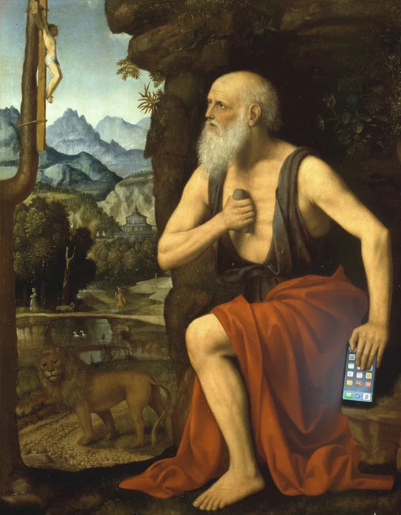 Modified Renaissance painting showing Saint Jerome kneeling in the wilderness, holding a stone to his chest to punish himself, and a smartphone in the other hand - a humorous anachronism connecting ancient penitence to modern smartphone addiction