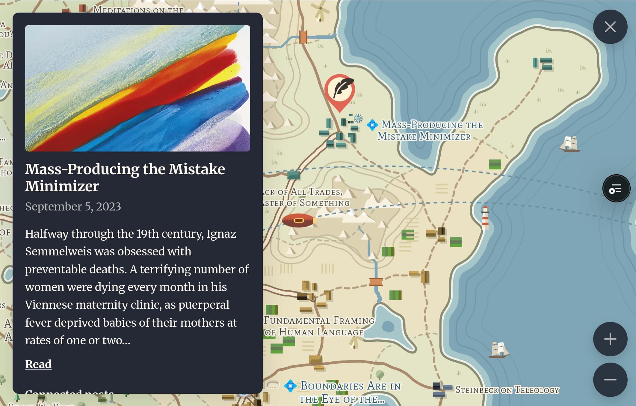 Screenshot of the Atlas, an illustrated fantasy-style map of cream land and blue sea, with a pop-up card for the post "Mass-Producing the Mistake Minimizer" over it.