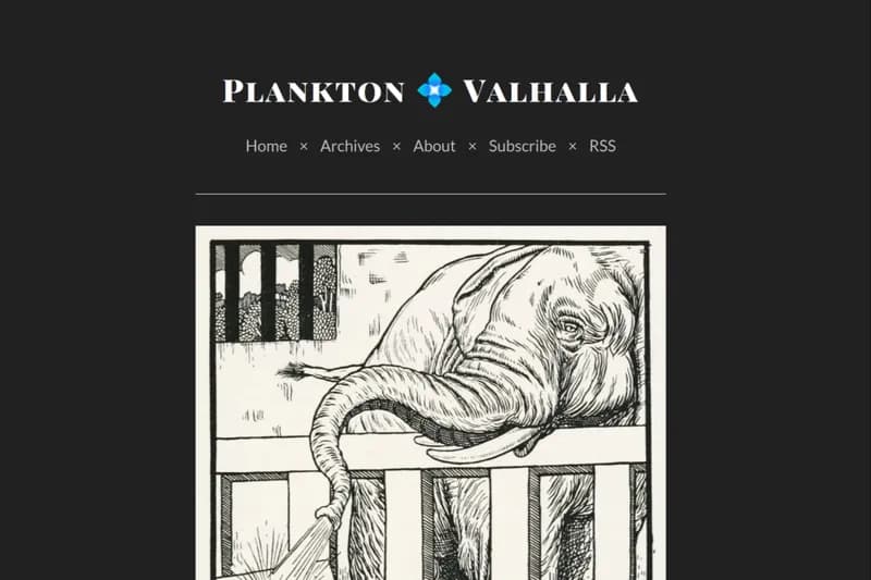 A black-and-white woodcut-style illustration of an elephant resting its head, trunk, and tusks on a wooden railing, shown beneath a Plankton Valhalla site header and navigation links.