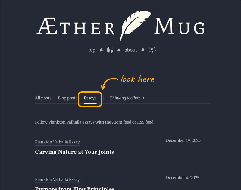 Screenshot of the Aether Mug front page with the 'Essays' tab highlighted next to 'All posts' and 'Blog posts', above a list of Plankton Valhalla essays.