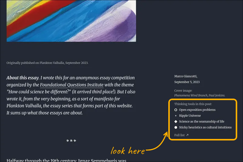 Screenshot of a post page with a highlighted sidebar box, 'Thinking tools in this post', listing four tools and a 'Full list' link.