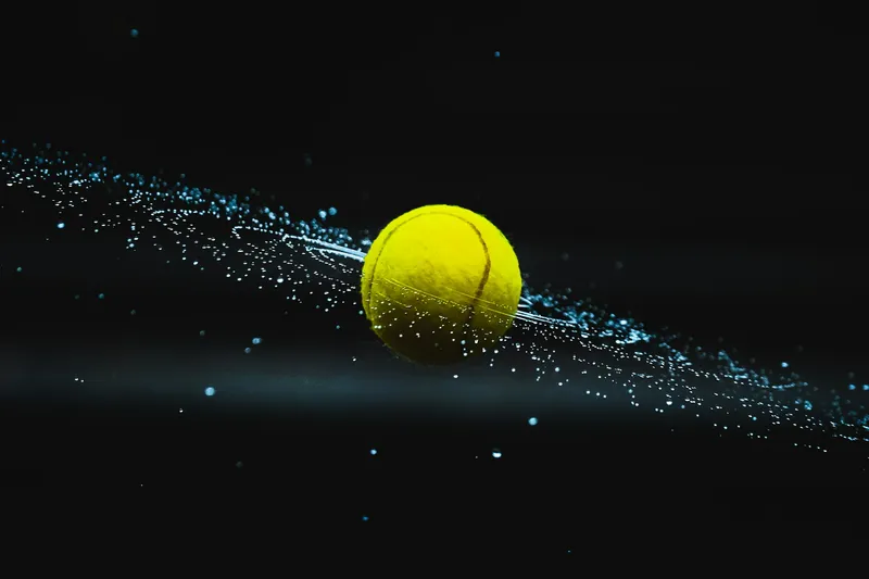 A dynamic sports photograph showing a bright yellow tennis ball captured mid-motion against a dark background. The ball appears to be moving through or creating a spray of water droplets and small particles, creating a striking trail of motion that curves across the frame. The high-contrast image emphasizes the ball's vibrant color against the black background, with the water spray adding texture and movement to the composition.