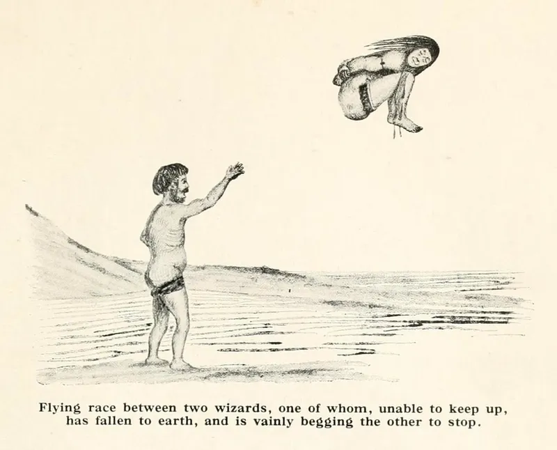Pen-and-ink illustration: a man standing on a beach reaches upward toward a crouched figure flying overhead; the caption reads 'Flying race between two wizards, one of whom, unable to keep up, has fallen to earth, and is vainly begging the other to stop'