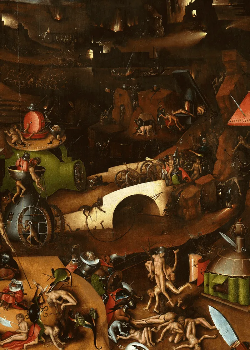 Part of a painting of people in hell, with many scenes of suffering and torment.