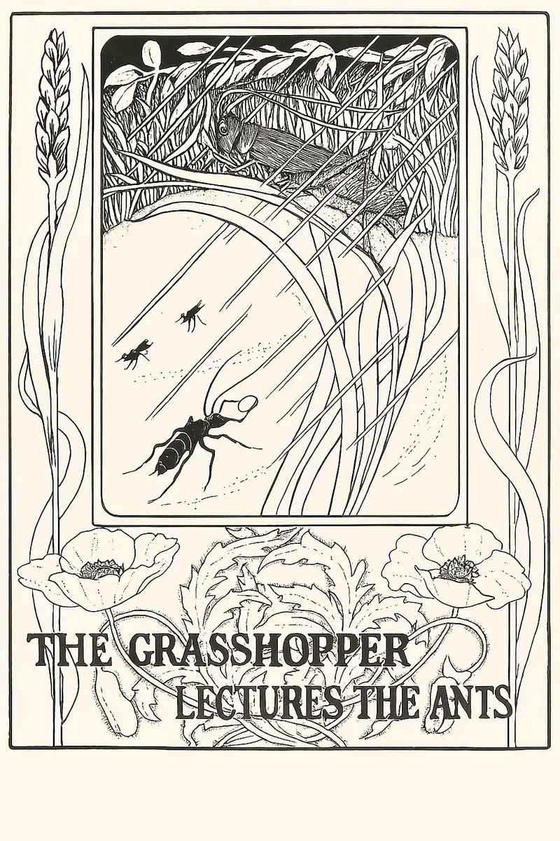 Drawing of grasshopper and ant, in the style of an old-fashioned children's book.