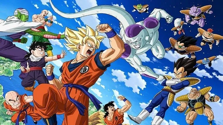 Anime illustration against a blue sky: a spiky-haired blond fighter in an orange gi leads a group of allies in fighting stances, facing a white-and-purple alien with a long tail and his soldiers in armored battle suits.