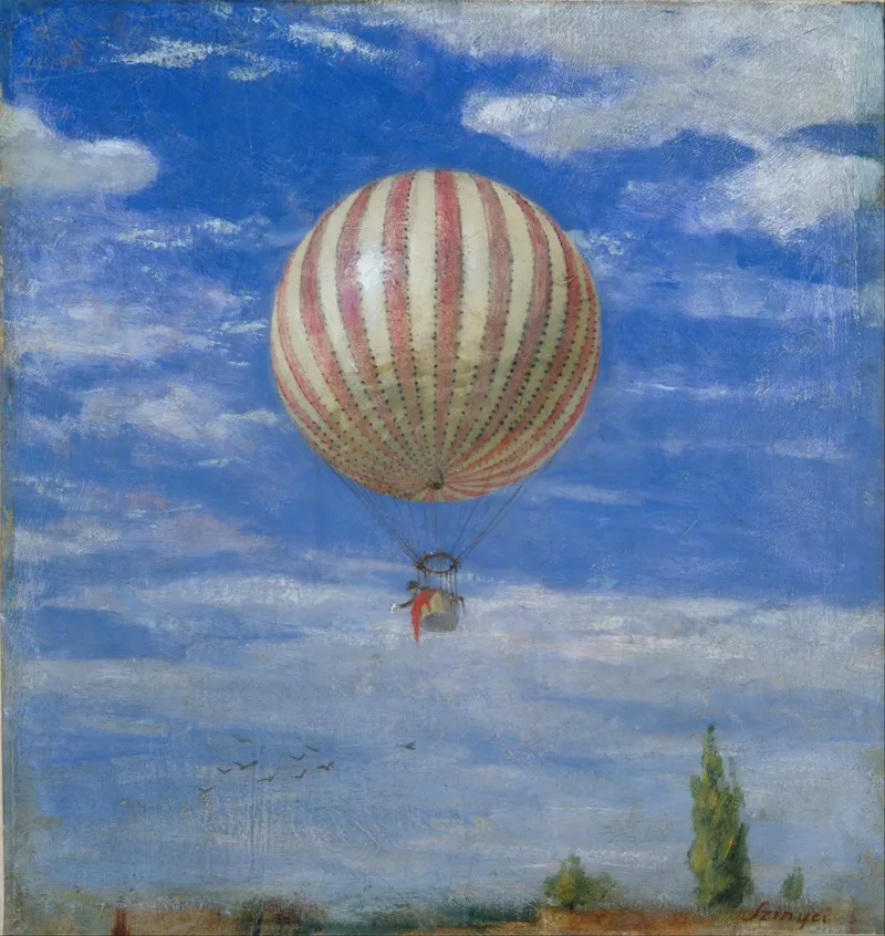 Painting of a striped spherical balloon flying low with a man in its basket.