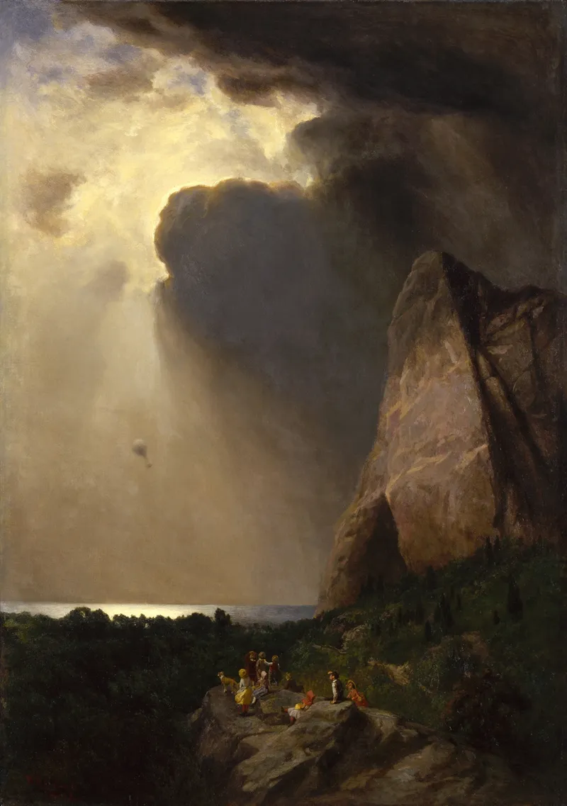 Painting of a landscape with a hot-air balloon far away, carried away by strong winds.