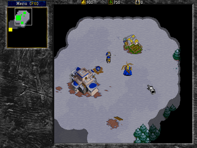 Soldiers in a new base, surrounded by fog of war, in Warcraft 2.